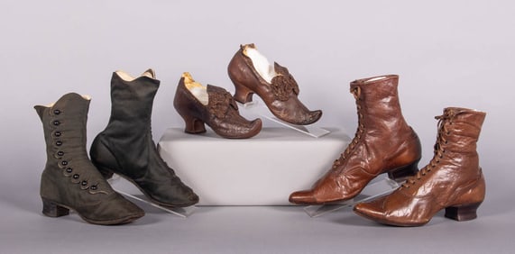TWO PAIRS OF LADIES BOOTS & ONE PAIR OF PUMPS, 1880s & c. 1915