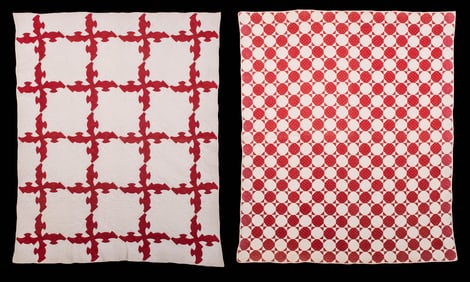 TWO RED & WHITE HAND SEWN QUILTS, USA, 1890-1910