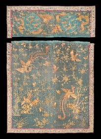 EXCEPTIONAL GOLD & SILK EMBROIDERED BED CURTAIN, CHINA, MID 19TH C