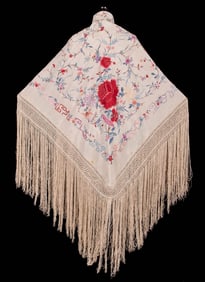 HAND EMBROIDERED SILK CANTON SHAWL, 1915-1920