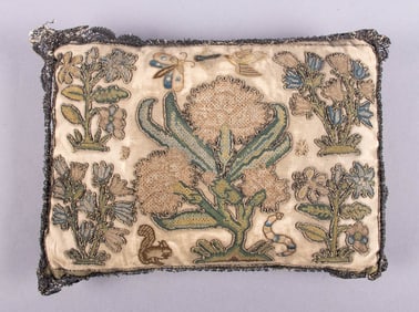 SILK & METALLIC EMBROIDERED PILLOW, ENGLAND, 1630s
