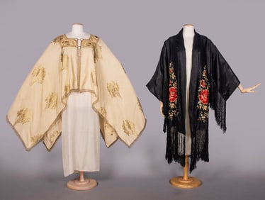 ONE BROCADED SHAWL CAPELET & ONE EMBROIDERED ROBE, 1910s & 1930s