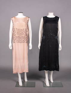 BEADED TABARD & EVENING DRESS, EARLY 1920s: 1 pale pink silk tabard embroidered w/ silvered & crystal beads in abstract geometric motifs, SH-SH 16”, L 49”, (slip N/I, broad discoloration, several tiny holes & stains, minor bead