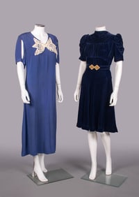 TWO SILK VELVET OR CREPE PARTY DRESSES, c. 1930 & c. 1939