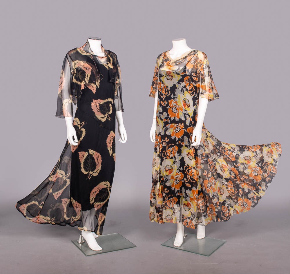 TWO PRINTED SILK CREPE CHIFFON GARDEN PARTY DRESSES, LATE 1920s (1 of 11)