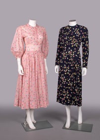 TWO RESIST PRINTED SILK OR COTTON DAY DRESSES, 1940s
