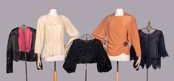 FIVE SILK BLOUSES OR JACKETS, 1920-1930s