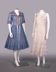 TWO SILK OR COTTON DAY OR PARTY DRESSES, c. 1930 & c. 1950