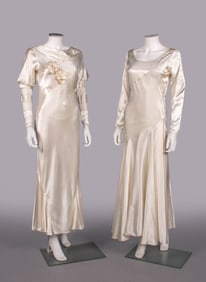 TWO SILK SATIN EVENING OR WEDDING DRESSES, 1930-1935