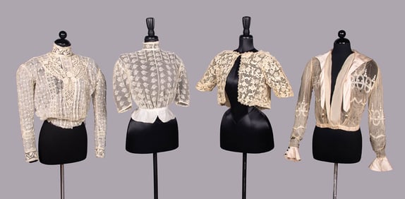 FOUR EMBROIDERED OR IRISH CROCHET TOPS, c. 1907-1920