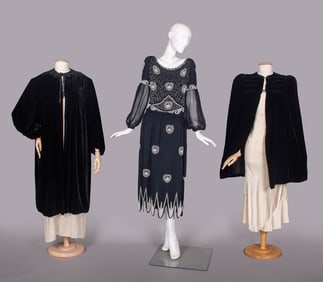 BEADED AFTERNOON DRESS & TWO SILK VELVET COATS OR CAPES, 1920-1930