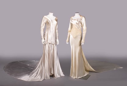 TWO DRAMATIC SATIN WEDDING GOWNS, LATE 1920-1930s