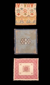 THREE EMBROIDERED OR WOVEN PILLOW OR CHALICE COVERS, LATE 18TH C-1900