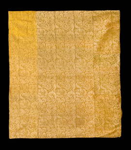 SILK & METALLIC DAMASK PANEL, ITALY, 1630-1650: Cover or panel of silk & metallic damask in lily & leaf pattern, multiple pieces seamed, cotton sateen backing, 32.5” x 28”, (discoloration & tarnish, many pulls up to 7”, broad wear