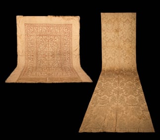 CHAINSTITCH EMBROIDERED BEDCOVER & DAMASK BANQUET TABLECLOTH, 1850-20TH C