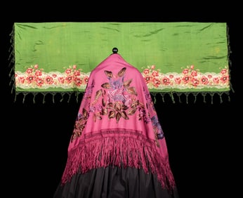 TWO EMBROIDERED OR PRINTED SILK SHAWLS, EARLY 20TH C