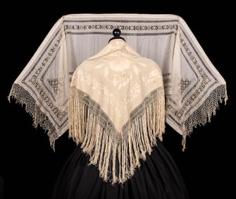 TWO HAND EMBROIDERED OR TENERIFE LACE SHAWLS, 1850s