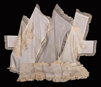TWO SETS OF HAND EMBROIDERED & LACE DOMESTIC TEXTILES, FRANCE, c. 1900
