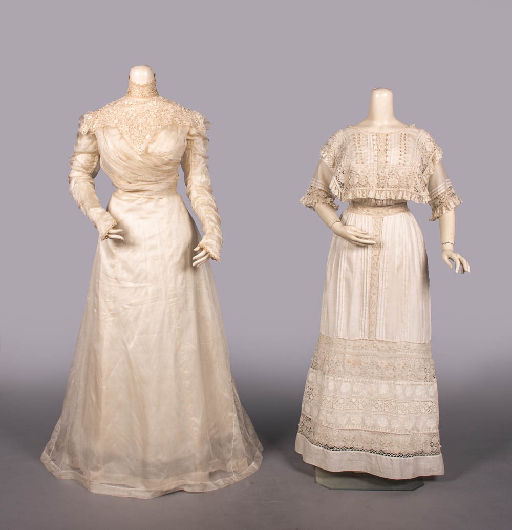 TWO SILK OR LINEN LINGERIE DRESSES, 1902-1912: 1 cream woven narrow satin stripe on spaced open ground over cream silk w/ silk Maltese bobbin lace yoke & standing collar, chemical lace at cuffs, B 34”, W 26”, L 61”, (light discol