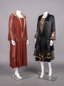 TWO EMBROIDERED SILK AFTERNOON OR DINNER DRESSES, c. 1920