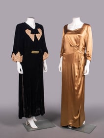 TWO SILK CREPE OR VELVET EVENING DRESSES, 1930-1940