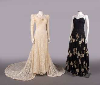 LACE WEDDING GOWN & FLOCKED SHAMROCK MOTIF EVENING DRESS, c. 1938-1948