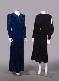 TWO SILK VELVET EVENING DRESSES, c. 1936-1938