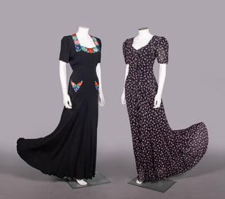 TWO EMBROIDERED CREPE OR STENCILED NET EVENING GOWNS, c. 1940