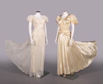 TWO SATIN OR GEORGETTE EVENING GOWNS, c. 1940