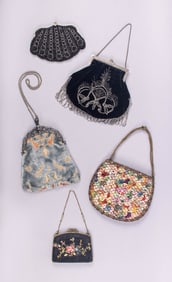 FIVE BEADED, EMBROIDERED OR RIBBON WORK PURSES, EARLY- MID 20TH C