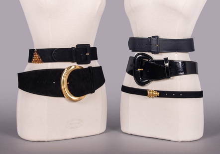 FIVE DESIGNER BELTS, ITALY & USA, LATE 20TH C: 1 black suede w/ large brushed brass buckle; 1 narrow black suede w/ brass stud buckle, label “Donna Karan New York&rdquo;, 1&rdquo; x 30&rdquo;-34&rdquo;, (light wear, few sm marks buckle); 1 black