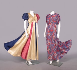 TWO SATIN OR CHIFFON PARTY DRESSES, c. 1930-1940