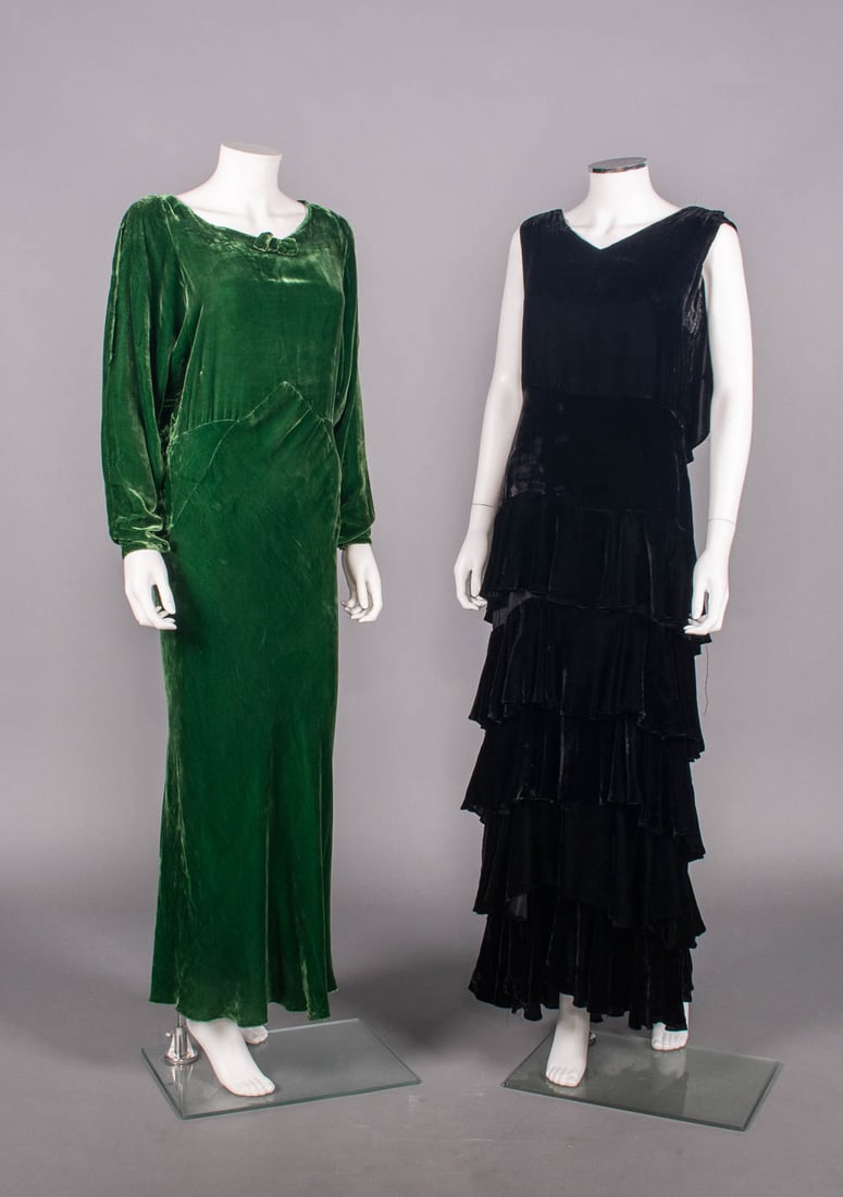 TWO PANNE SILK VELVET EVENING DRESSES, c. 1930-1932 (1 of 8)