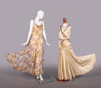 TWO CHIFFON OR SATIN PARTY DRESSES, c. 1930-1935