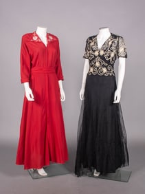 TWO CREPE OR NET EVENING DRESSES, USA, 1940s