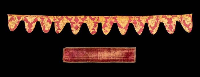 ONE PATTERNED SILK VALANCE & ONE VELVET RUNNER, EUROPE, 18TH C