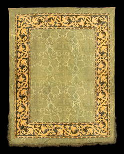 SILK DAMASK COVERLET OR WALL HANGING, ITALY, ORIGINALLY 16TH C: Coverlet or hanging of dark green palmette pattern silk damask w/ wide inner border of dark green silk velvet w/ gold silk applique, couched red silk & gilt metal-wrapped thread, scrollwork design lap