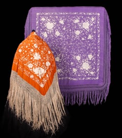 TWO HAND EMBROIDERED SILK CANTON SHAWLS, 1910-1920s