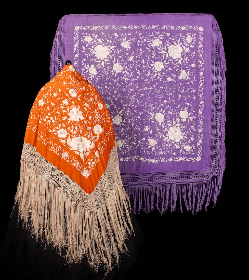TWO HAND EMBROIDERED SILK CANTON SHAWLS, 1910-1920s (1 of 9)