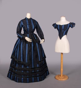 FOUR PIECE MOIRE STRIPED GOWN WITH EVENING & DAY BODICES, 1855-65