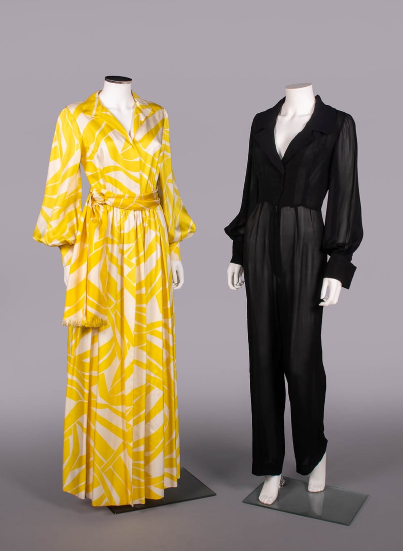 TWO SARMI JUMPSUIT ENSEMBLES, NEW YORK, c. 1970: 3-pc yellow printed white silk twill hostess ensemble c/o jumpsuit w/ shantung pants, overskirt lined w/ white silk & matching sash, jumpsuit B 36", W 27", L 58", overskirt W 27", L 44", sash 8.5" x 7