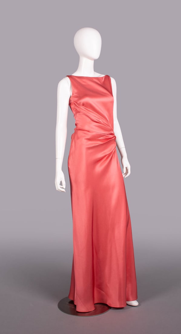 BILL BLASS SILK TWILL EVENING GOWN, USA, 1990s: Salmon silk twill sleeveless evening gown w/ bateau neckline, floor length skirt & draped panel from right SS gathered into twist at left H, label "Bill Blass", B 34", W 26", L 62", (few light stains
