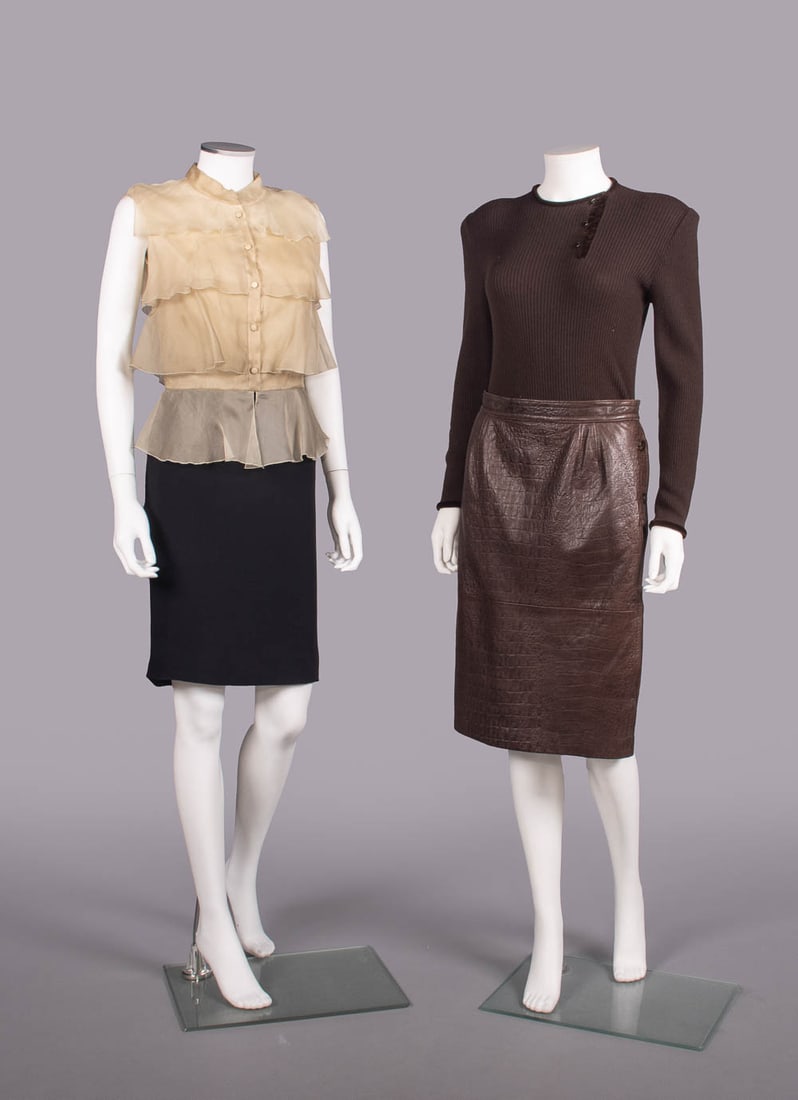 FOUR VALENTINO SEPARATES, ITALY, 1980-2005: 1 sleeveless ecru silk organza tiered top w/ band collar & self-covered CF buttons, S/S 2005, label "Valentino", B 34", L 22.5", (minor wear & light discoloration) very good; 1 black silk blend skirt