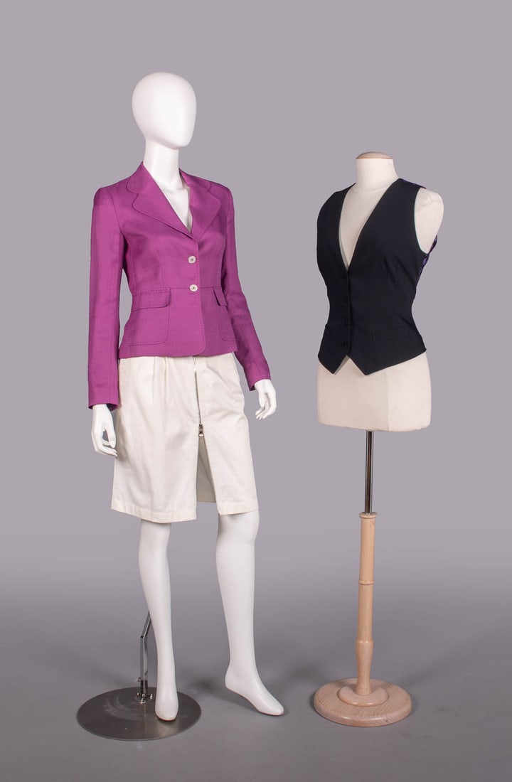 DOLCE & GABBANA SEPARATES, ITALY, LATE 1990-EARLY 2000s: All w/ label "Dolce & Gabbana": 1 magenta linen weave blazer w/ 2 MOP button closures & tabbed patch pockets, 100% viscose, B 36", L 22", (few tiny pulls) excellent; 1 white cotton twill skirt w/ 2-wa