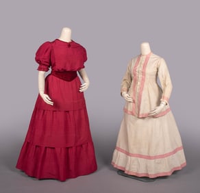 ONE SILK DINNER DRESS & COTTON DAY DRESS, 1884-1900