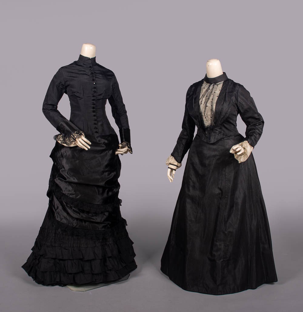 TWO MOURNING DRESSES, EARLY 1880s & c. 1904: 2-pc black satin striped silk c/o bodice w/ bishop undersleeve & cream silk bodice front w/ sequined tulle overlay, skirt w/ velvet hem facing, c. 1904, bodice B 40", L 17", skirt W 30", L 39", (CF mo
