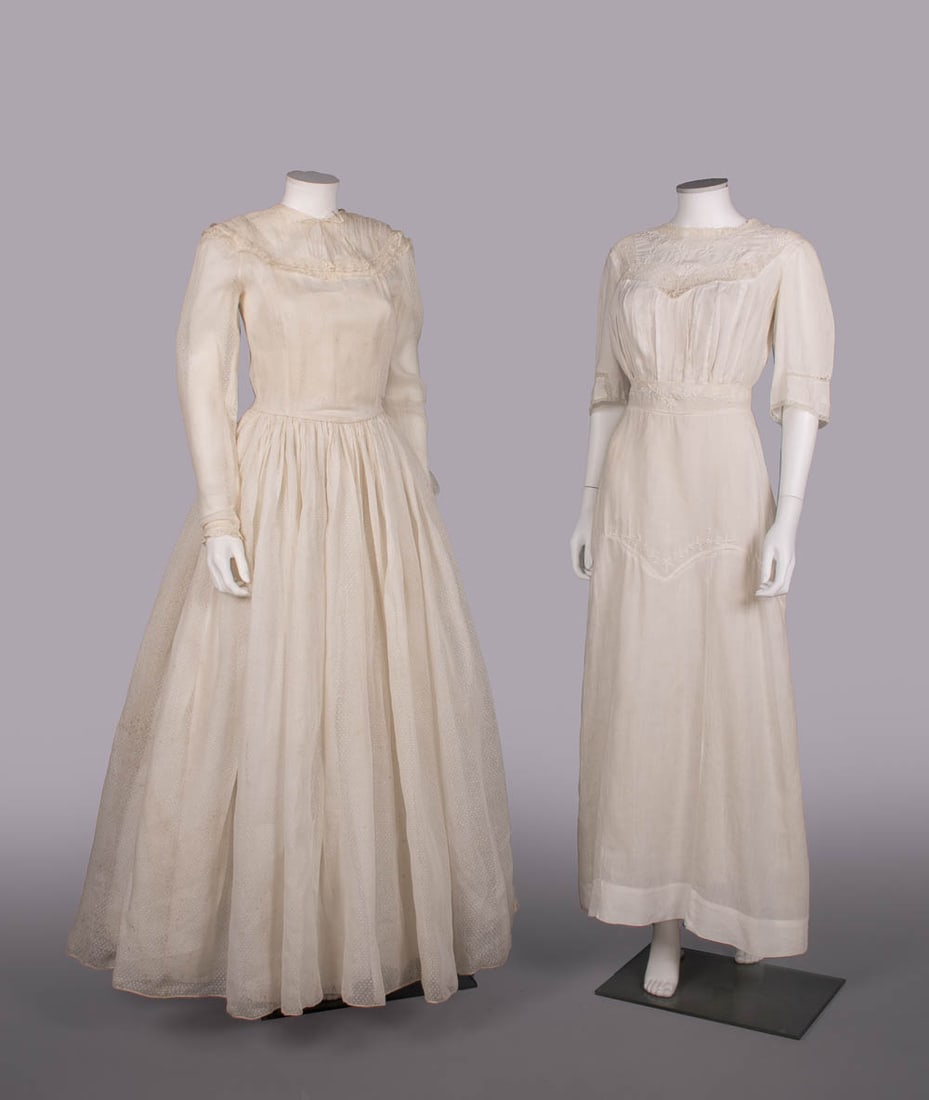 ONE DOTTED SWISS GOWN & ONE LINEN LINGERIE DRESS, c. 1940 & c. 1910: 1 long-sleeve white dotted swiss gown w/ tucks & chemical lace, c. 1940, B 34", W 24", L 58", (slip N/I, broad light discoloration, many ~0.25" stains) good; 1 white linen lingerie dress w/ Philippine