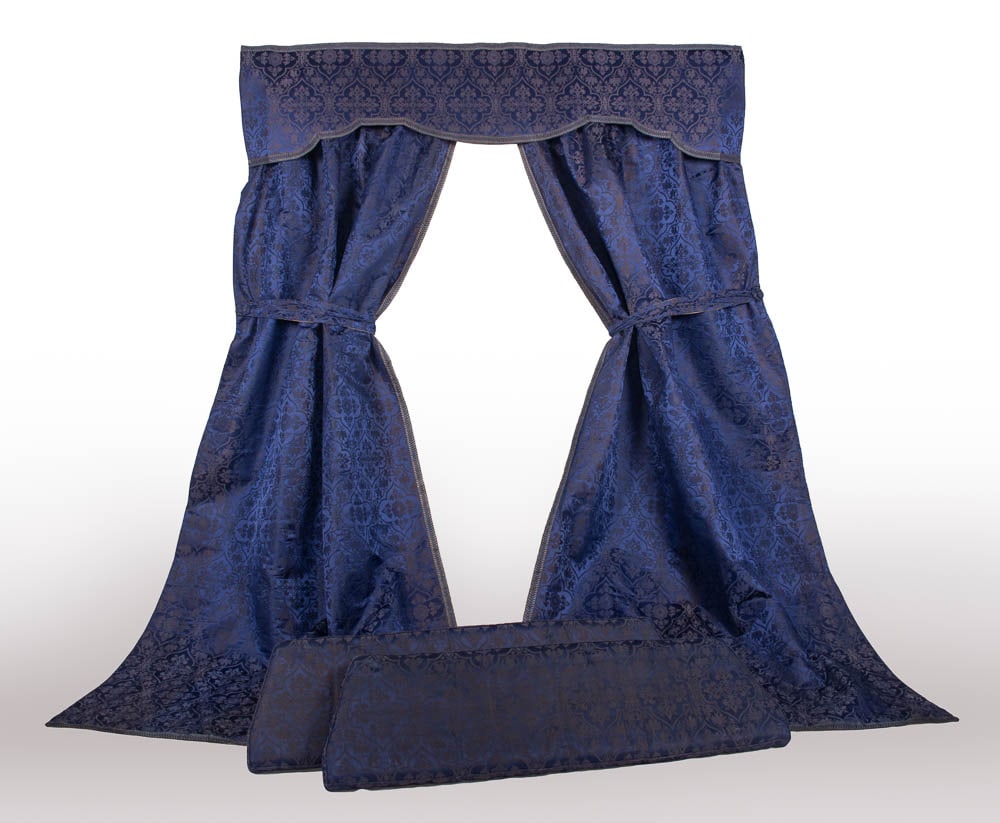 SET OF FOUR DAMASK WINDOW TREATMENTS, LATE 19TH-EARLY 20TH C: Set of 4 complete window dressings incl. seat cushions, valances, tiebacks & curtains of blue silk damask w/ lobed lozenge & foliate pattern, components trimmed w/ blue & grey silk braid & lined w/ co