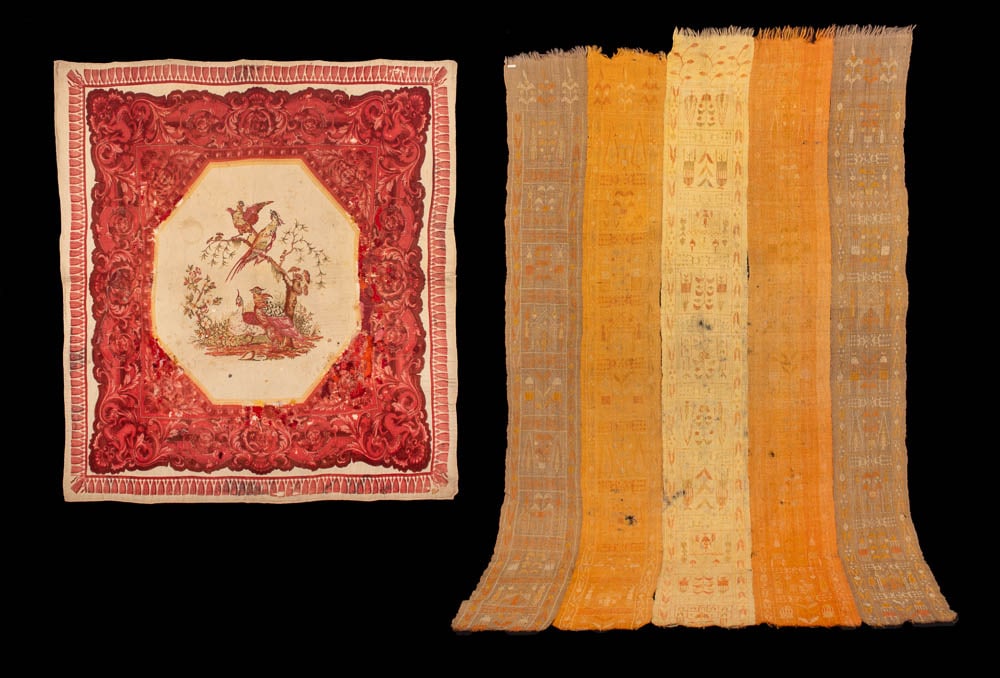PRINTED BLANKET & CARPET WRAPPER, FRANCE & ALGERIA, 1820s & c. 1900: 1 off-white merino wool block printed blanket w/ central image of pheasants in octagonal reserve, scrolling acanthus frame including caped Amphitrite & portraits of Neptune, border of alternating frin