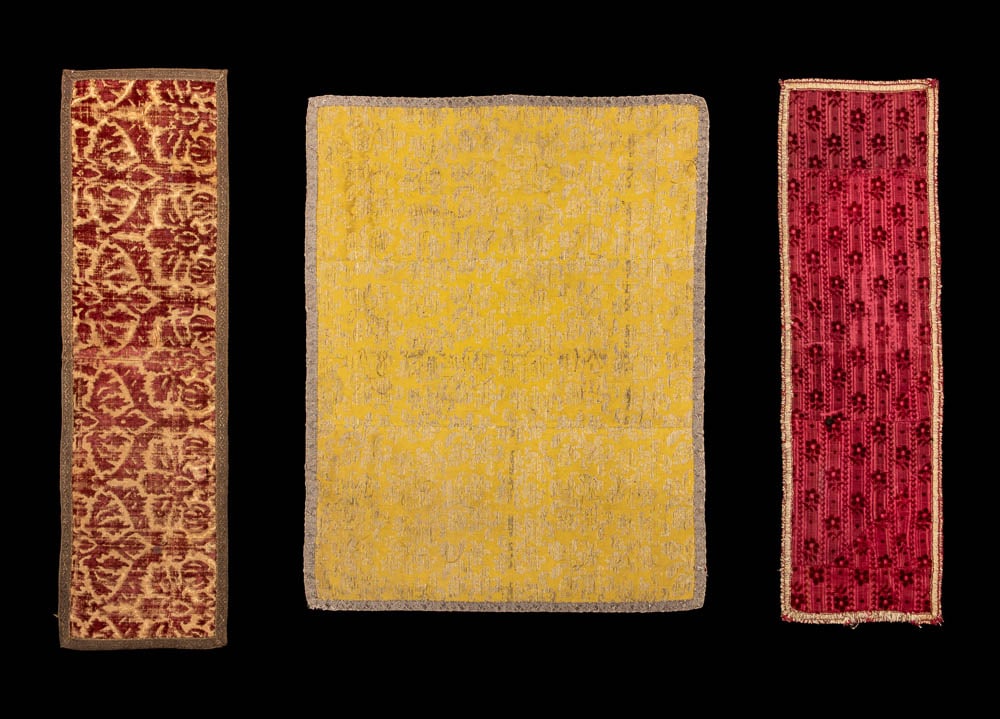 TWO VELVET RUNNERS & ONE SILK PANEL, FRANCE & SPAIN, 1600-1780: 1 runner of cut & voided red velvet on tan ground in pomegranate motif w/ applied border of silk & gilt metal braid, natural linen backing, France, c. 1600, 17" x 24", (heavy wear, shredding to ground